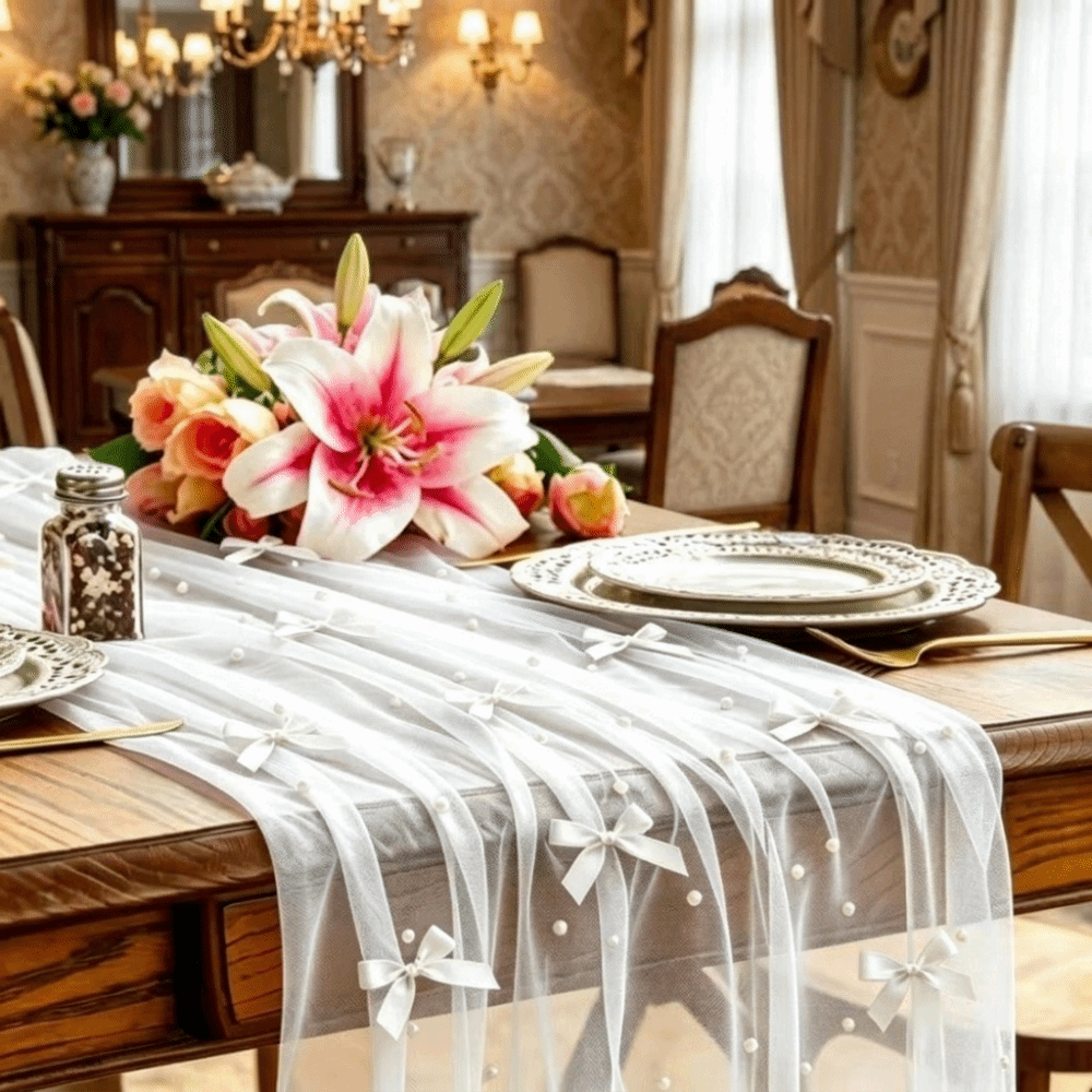Romantic Bow Pearl Chiffon Run - огляд і ціна Christmas Table Runner